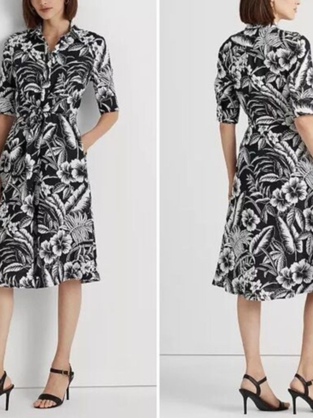 Ralph Lauren Black & White Floral Button-Front Dress 100% LINEN